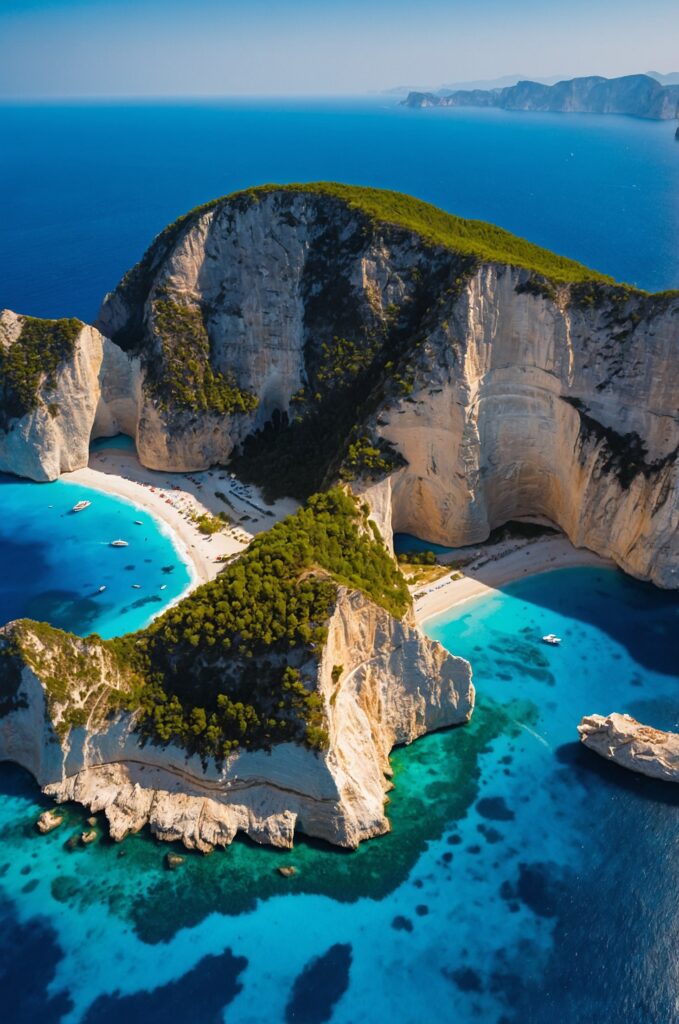 A stunning aerial view of Navagio Beach in Greece with a shipwreck and bright turquoise water.