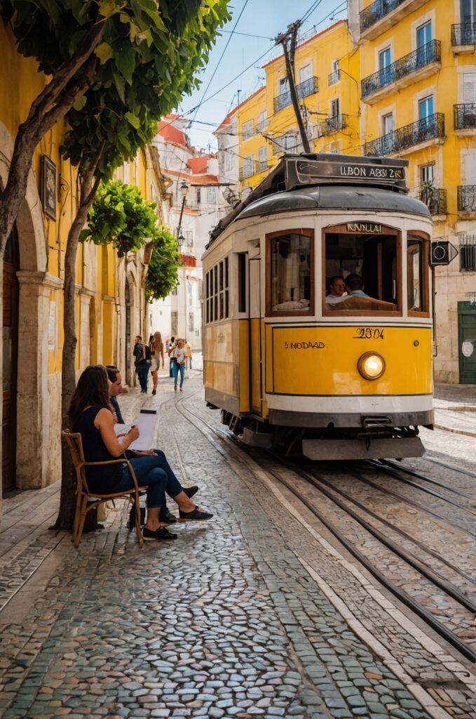 Lisbon street with tram and outdoor cafes.