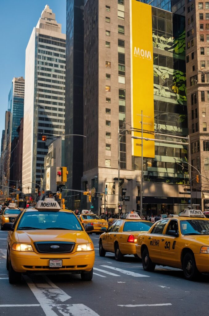 The Museum of Modern Art (MoMA) in New York City with bustling street activity.