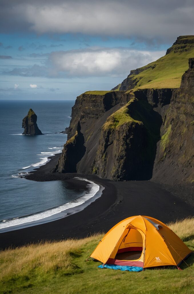 Tent on a grassy hill near Vík with views of the black sand beach and basalt cliffs.