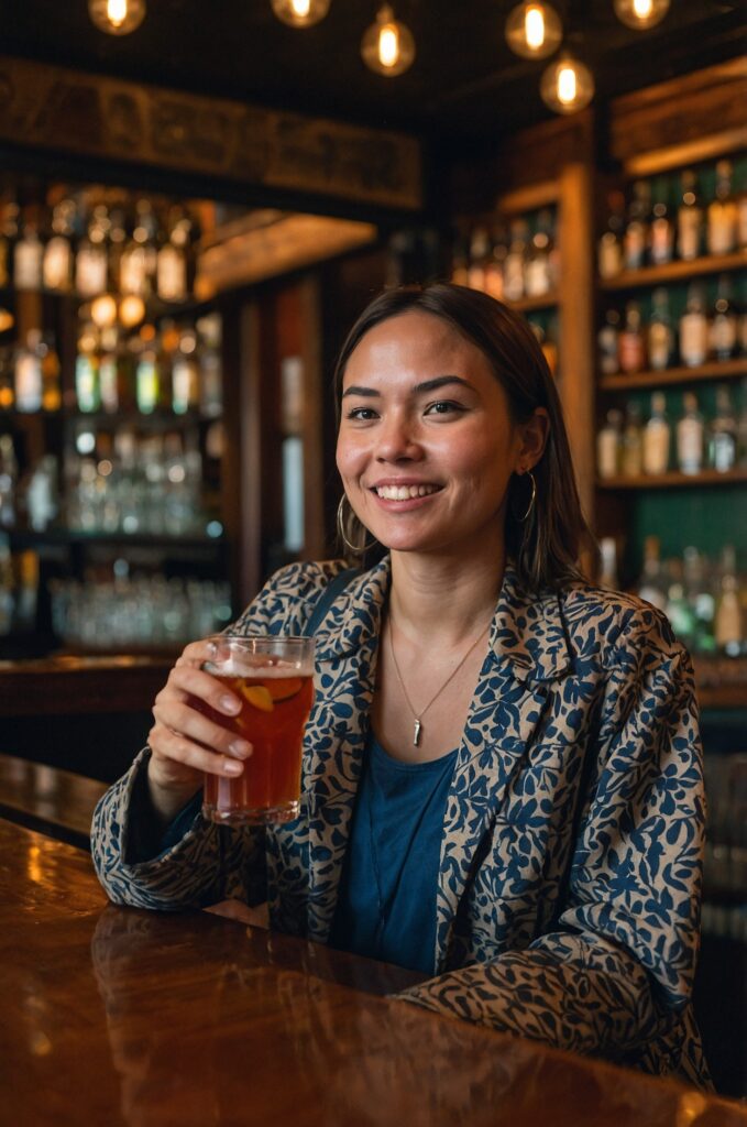 Leonardo_Kino_XL_A_solo_traveler_holding_her_drink_while_chatt_0 Solo traveler holding her drink while socializing in a bar.
